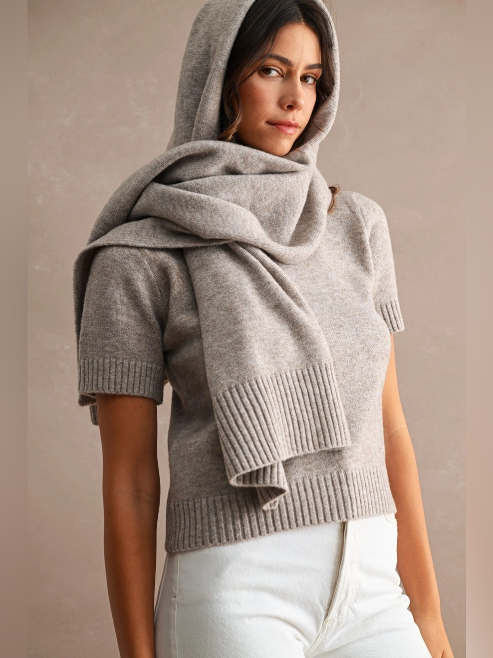 NWT Mocha Short-Sleeve Crewneck Sweater with Removable Scarf | Chic Fall Sweater